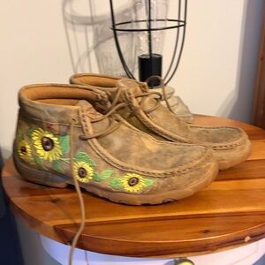 Twisted X Brown Lace Up Boots with Sunflower Embroidery